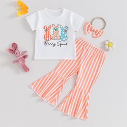 Clothing Sets Toddler Baby Girls Easter Outfit Short Sleeve T-shirt Striped Flare Pants Bow Headband 3 Pcs