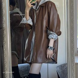 Retro Brown PU Leather Jacket For Women, Spring And Autumn New Loose Casual Jacket Top For Women, Small Stature high-end smart