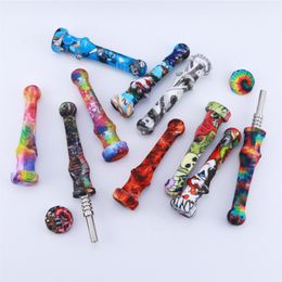 3D Transfer Printing Silicone Smoking Pipe Nectar Collector Kit With 14mm Titanium Quartz Nail Tip Multiple Colours NC Tobacco Hand Pipes Dab Oil Rigs