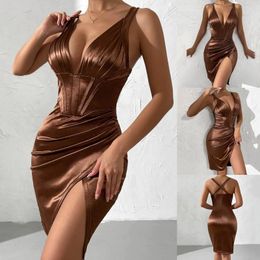 Casual Dresses Women's Sexy Deep V Neck Hanging Open Back Temperament Pleated Dress