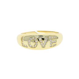 Wide Band Gold Color Wedding Ring with Cz Paved Letter Love Engraved Whole Women Open Band Finger Ring Adjustable Size310W