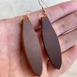 Dangle Earrings Brown Genuine Leather Leaf Geometry Metal Splicing Drop For Women BOHO Minimalist Statement Daily Jewellery Custom