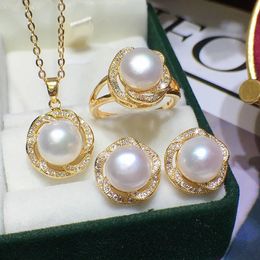 Shiny Crystal Flower Design Natural Freshwater Pearl 14k Gold Filled Female Jewelry Set Necklace Earrings Rings For Women 231229