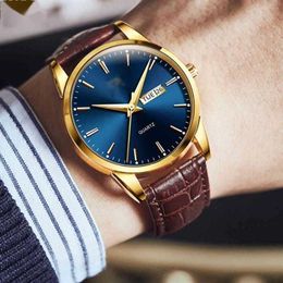 Top Herrenuhr, klassisch, goldfarben, blaues Zifferblatt, Quarz, wasserdichte Uhr, braunes Lederarmband, geschäftlich, beliebt, lässig für Herren, Watch263e