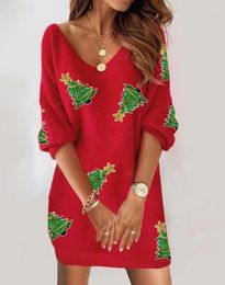 Casual Dresses Contrast Sequin Christmas Tree Pattern Fuzzy Dress 2023 Autumn Winter Women's V-Neck Half Sleeve