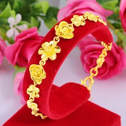 Bangle Solid Pure Gold Color Bracelets for Women Gold Flowers Bracelets Hand Chain Birthday Bride Wedding Fine Jewelry Gifts