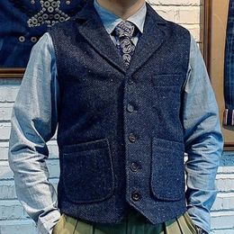 Jackets Men's Suit Vest Navy Wedding Wool Herringbone Tweed Business Waistcoat Tailored Collar Casual Slim Fit Gilet Homme Vest for Man