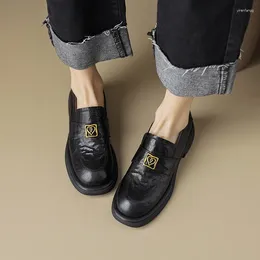 Dress Shoes Real Leather Women Loafer Spring Retro Style Fashion Single Metal Decoration Round Toe Thick Sole
