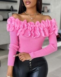 Women's T Shirts Y2K Tops Sweater For Women Sexy Elegant Female Pink Lace Floral Pattern Long Sleeve Knit Top Off Shoulder Pullover