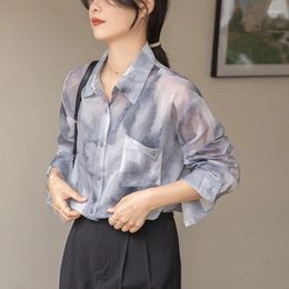 Women's Blouses Shirt Top Flower In Ink Lightweight Design Sense Niche Sun Protection For Air Conditioned Rooms