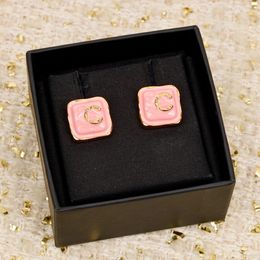 2024 Luxury quality charm square shape stud earring with pink color with enamel design in 18k gold plated have stamp box PS3717A