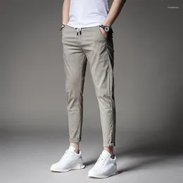 Men's Pants Ankle Length Casual Summer Thin Silk Elastic Waist Trousers Mens 2024 Clothing Korean Fashion Black Khaki Pant Stretch