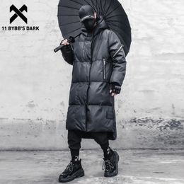 11 BYBB'S DARK Winter Thick Coats Men Techwear Fake Zipper Hooded Padded Long Parkas Jacket Streetwear Black Overcoat Outwear 231229