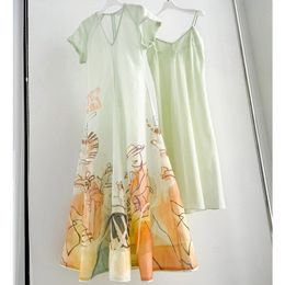 12.30 Fashion Poster Print V-Neck Short Sleeve Silk Linen Maxi Dress Women With Lining