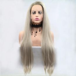 Wigs Fantasy Beauty Blonde Dark Roots Ombre Light Blonde Colour Daily Makeup Synthetic Lace Front Wigs heat Resistant Firber