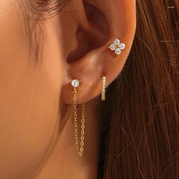 Hoop Earrings Aide 925 Sterling Silver 3pcs Set Flower Zircon Stud K Gold Tassel Chain For Women Fine Jewellery Valentine Day Gift