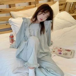 Women's Sleepwear Wears Plaid Women Ruffle Sets Korean 2 Autumn Pyjama Sleeve Full Pieces Piiama Night Collar Square Style Pants Suit