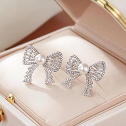 Stud Earrings SENYU Fashion Bowknot Design Earring Pave Geometry Cubic Zirconia Luxury Women Party High Quality Pearl Jewellery For Wedding
