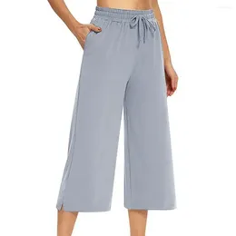 Women's Pants Women Casual Fashion Wide Leg Solid Color Soft Drawstring Pockets Elastic High Waist Capri Daily Life Trousers