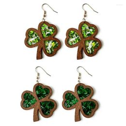 Dangle Earrings St Patricks Day Gold Colour Foil Acrylic Inlay Wooden Shamrock For Women 2024 Wood Clover Jewellery Gifts