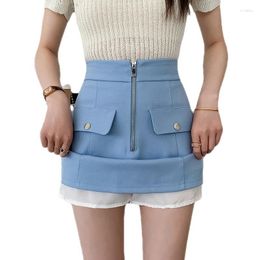 Women's Shorts Women Summer Pocket High Waist Zipper Casual Skirt Formal Office Blue Hakama Breathable Korean Version Streetwear