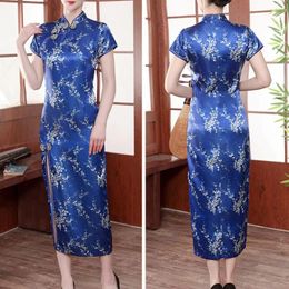 Ethnic Clothing Qipao Dress Elegant Faux Satin Long Cheongsam Chinese Style Stand Collar Short Sleeve Flower Print Side Split Evening Party