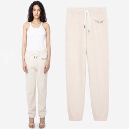 23 Early Autumn New French Focus Zadig Voltaire2024 Small Wings Hot Diamond Mid Waist Inner Fleece Elastic Straight Barrel Women's Guard Pants
