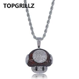 TOPGRILLZ Hip Hop Shiny Colourful Mushroom Pendant Necklace Charm For Men Women Gold Silver Colour Cubic Zircon Jewellery Rope Chain258w