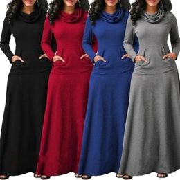 Plus Size 5XL Elegant Long Maxi Dress Autumn Winter Warm High Collar Women Long-sleeved Dress Woman Clothing With Pocket 231229