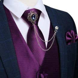 Vests Purple Vest Man Christmas Suit Vest Tie Brooch Corsage Set Mens Silk Formal Waistcoat for Wedding Festival Sleeveless Jacket