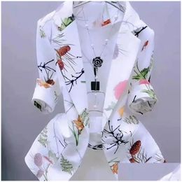 Womens Suits Blazers Floral Print Sunsn Slim Cardigan Thin For Women Coat Elegant Three Quarter Office Lady Autumn Jacket Drop Deliv Dhf0D