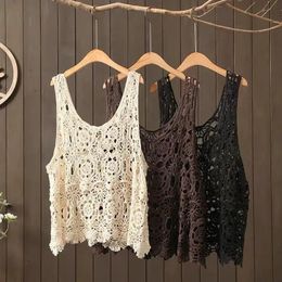 Tanks Korean Fashion V Neck Loose Sleeveless Sweater Vest Women Knitted Hollow Out Short Cardigan Female Kniwear Vintage Clothes