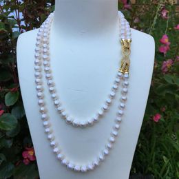 Hand knotted 2strands 7-8mm white freshwater collar pearl necklace long 45-55cm fashion jewelry292b