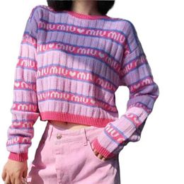 Women's Jackets Sweaters Pink Purple Short Knit Sweater Women's Autumnwinter Letter Brand Loose Long-sleeved Knitted Top Cropped HY5V