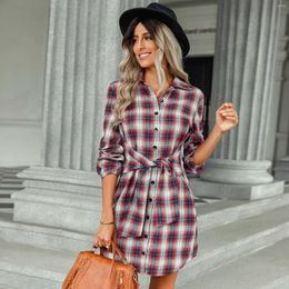 Casual Dresses 2024 Autumn/Winter Fashion Cheque Lace Up Waist Dress