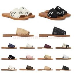 Designer slippers womens woody sandals fluffy flat mule slides beige white black lace lettering canvas fuzzy fur slippers summer home shoes women Luxury sandles