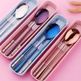 Sets 304 Stainless Steel Cutlery Set Chopsticks Spoon Fork Tableware with Portable Gift Box Bag For Kids Adult School Travel Picnic 201