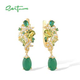 Knot SANTUZZA 925 Sterling Silver Earrings For Women Sparkling Green Gemstones White CZ Gold Colour Drop Earrings Trendy Fine Jewellery