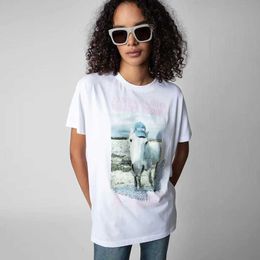 2023 Summer New French Minority Zadig Voltaire2024 White Horse Ink Digital Print Hot Diamond Hem Split Short Sleeve T-shirt Female