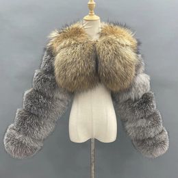 Jackets Missjanefur 2022 New Fur Coat Women Cropped Real Sier Fox Fur Jacket Fashion Warm Custom Natural Raccoon Fur Winter