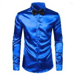 Men's Casual Shirts Royal Blue Silk Dress Shirt Men Chemise 2023 Satin Smooth Party Prom Busienss Wedding Male With Bow Tie