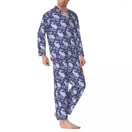 Men's Sleepwear Pajamas Male Bird Floral Print Cute Soft Leisure Autumn 2 Pieces Casual Oversize Design Home Suit