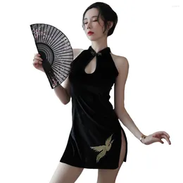 Ethnic Clothing Sexy Cosplay Chinese Traditional Dress For Women Erotic Costumes Qipao Nightclub Party Black Embroidery Cheongsam Lingerie