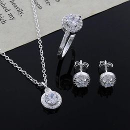Necklaces Goodlooking Sier Plated Necklace Pendant Open Ring Ear Studs Stud Earrings Fashion Elegant Crystal Women Girl Jewelry Rings