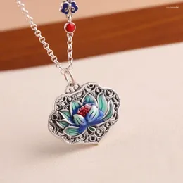 Chains Vintage 925 Silver Enamel Ruyi Lock Blue Lotus Flower Heart Sutra Necklace For Women And Men Pendant Clavicle Chain Jewelry