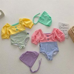 set deer jonmi 2022 Summer Children Cute Swimwear Korean Style Patchwork Puff Sleeve Baby Girls Backless Swimsuits 2 colors