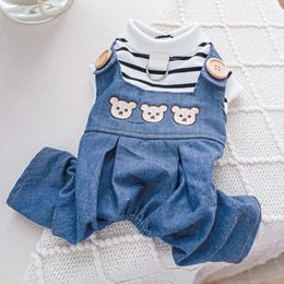 Dog Apparel 587C Pet Costume Jeans And Strips T-Shirt Set Small Clothes Outfits For Cats Only Dress Up Cosplays