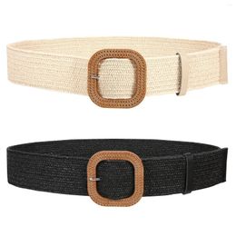 Belts 2 Pack Straw Woven Elastic Stretch Women Wide Boho Braided Dress With Wooden Style Buckle Ladies Girls Chic O