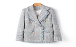 Large Size Light Blue Tweed Suit Jacket Spring Autumn Fashion Retro Short Lapel Doublebreasted Plaid Top S3998183620