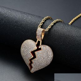 Pendant Necklaces 18K Gold Broken Heart Necklace Hip Hop Copper Cubic Zircon Jewellery Set 60Cm Chains Combination Joint Hearts Diamon Dhvjr